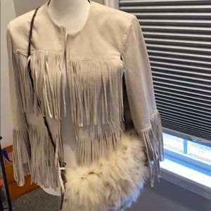 Suede fringe (poncho) jacket with fur bag